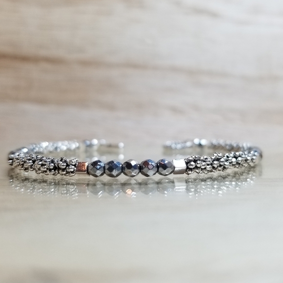 Beaded Two Tone Hematite Gemstone Bracelet - Picture 3 of 6